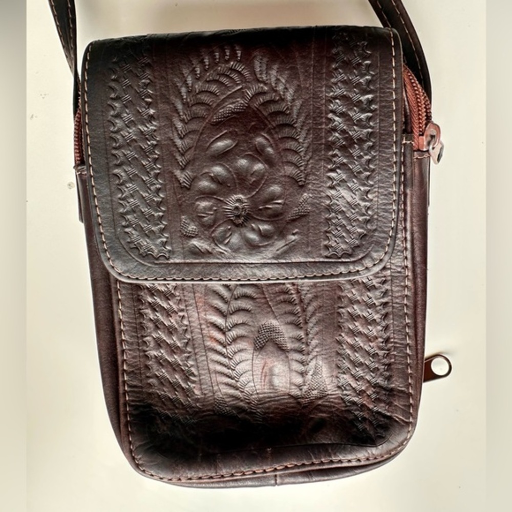 Tooled Leather Crossbody Bag – Western Floral Design – Brown